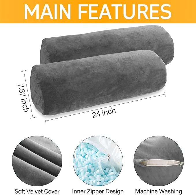 Body Pillow, Memory Foam Body Pillows for Adults Sleeping, Decorative Bolster Pillow for Bed & Couch, Long Cylinder Tube Round Pillow, 24x7.87 Inches, Set of 2 (Light Grey)