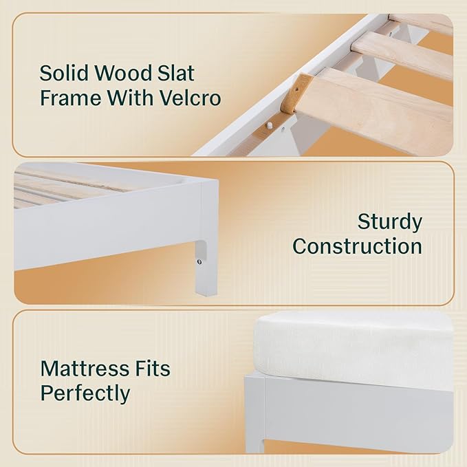 Bme Madia Bed Frame, Mid Century Queen Bed Frame and Headboard with Unique & Trendy Fluted Pattern, 800lbs Capacity Platform Bed Frame, Solid Acacia Wood Slat Support, Easy Assembly White Bed Frame