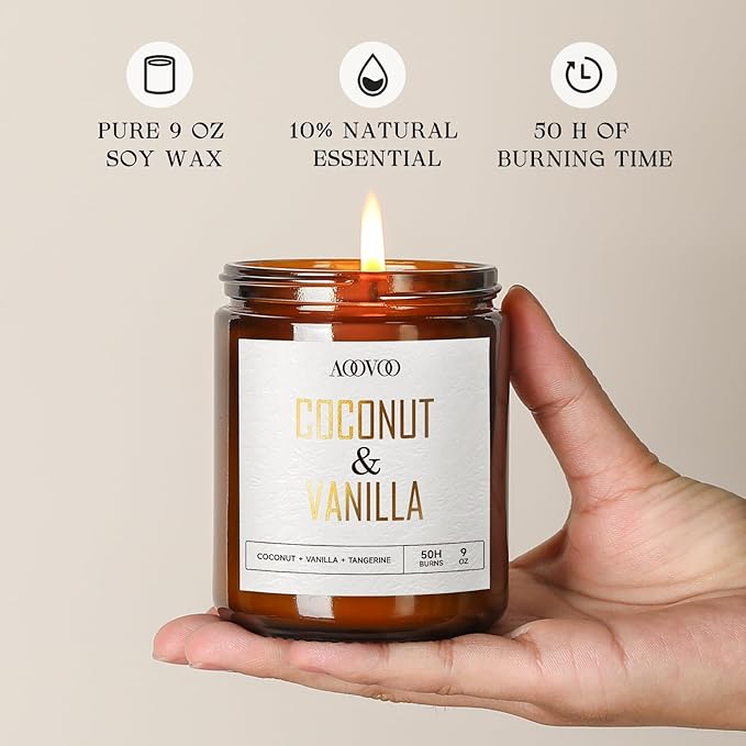 AOOVOO Coconut Vanilla Candles - 9 oz Scented Candles, Aromatherapy Candle, Soy Candle for Home Scented