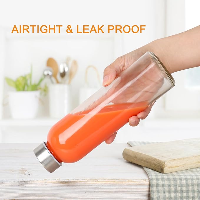 12 Pack 18oz Clear Glass Water Bottles, Juice Bottle with Stainless Steel Lid, Reusable Refillable Bottles for Storing Beverages Juice