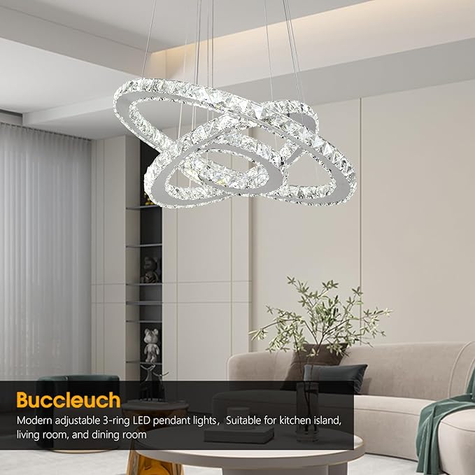 Buccleuch LED Crystal Chandeliers, Dimmable LED Pendant Light Fixture 3-Ring Adjustable Stainless Steel Ceiling Light, Silver Crystal Chandeliers for Dining Room, Bedroom, Living Room - ETL Listed