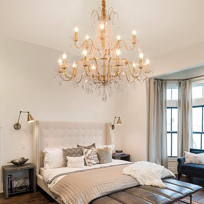 40" Large Brass Crystal Chandeliers,Gold Brushed Brass Chandelier for High Ceiling Living Room Dining Room Staircase Hallway Entryway Foyer(15-Light, Bulb Included)