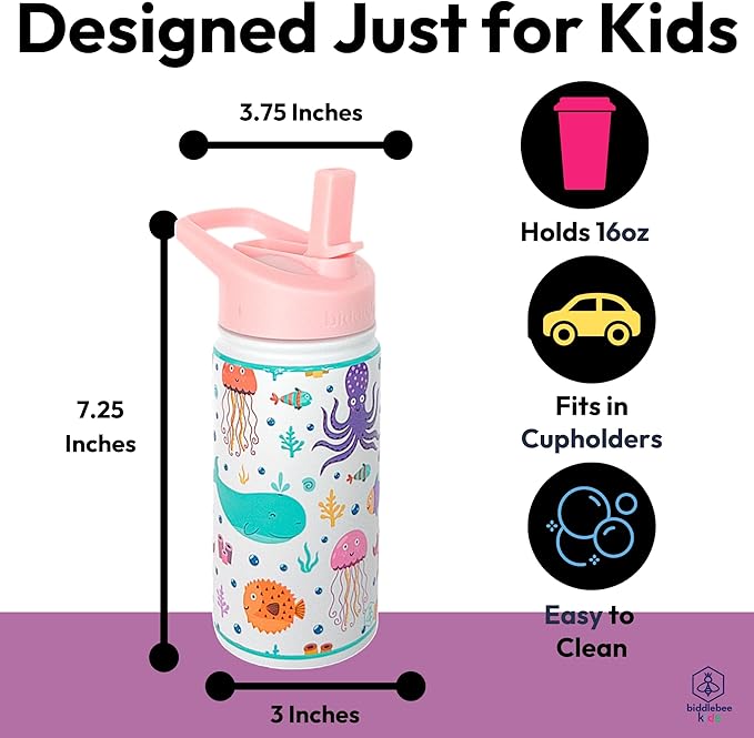 Biddlebee Kids Water Bottle with Straw Lid | 14oz Insulated Stainless Steel Reusable Bottles for School | Leak Proof Cap with Handle & Touch Free Spout | Great for Boys & Girls (Under the Sea)