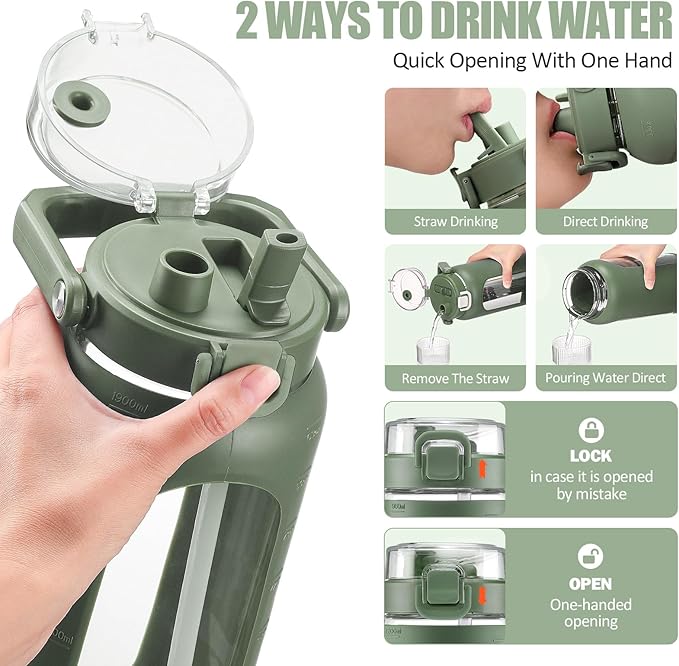 BLUEGO 64oz Glass Water Bottle with Handle and Straw, Motivational Sports Water Bottle with Time Marker and Silicone Sleeve Leakproof Drinking Bottle for Travel Gym Workout, Olive