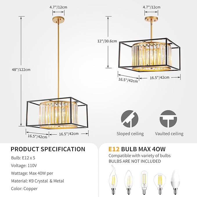 5-Lights K9 Crystal Chandelier, Modern Style Pendant Light Fixture for Dining Room, Bedroom & Living Room, Gold & Black Finish, L16.5 * W16.5 * H12~48 inch (Adjustable Height)