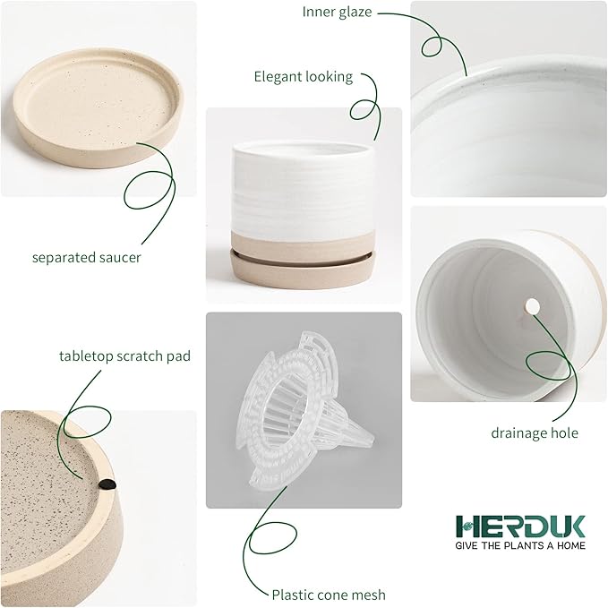 6 + 8 Inch Plant Pots, Ceramic Planter Pot with Drainage Hole & Saucer, Indoor/Outdoor Cylinder Round Planter Pot, Cream & Beige