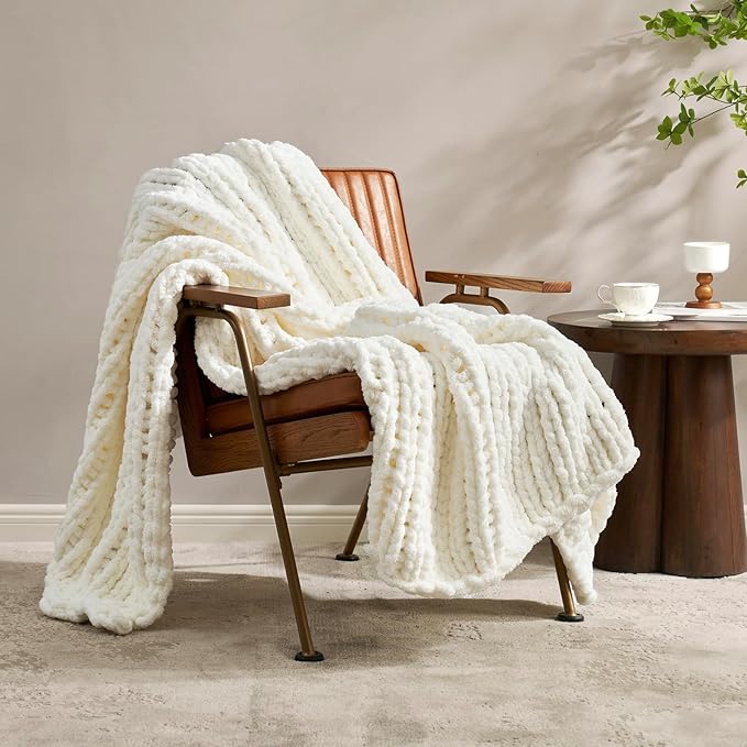 Amélie Home Chunky Knit Throw Blanket for Couch, Soft Chenille Crochet Blanket for Sofa, 50"x60", Ivory