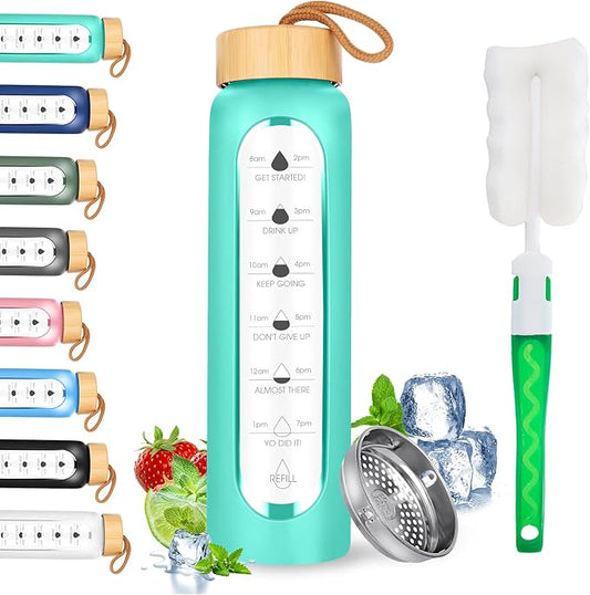 32 Oz Borosilicate Glass Water Bottle with Times to Drink | BPA Free - Reusable Wide Mouth Glass Motivational Water Bottles with Infuser & Silicone Sleeve (SHINY GREEN)