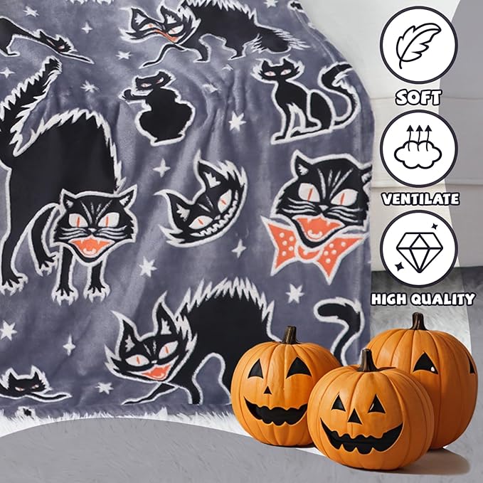 Black Cat Blanket Glow in The Dark Blanket for Adults Cat Lovers Halloween Blanket for Women Kids Halloween Decorations for Room