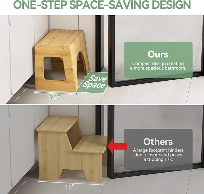 AmazerBath Toilet Stool for Toddler Potty Training, 3-in-1 Sturdy Bamboo One Step Squat Poop Foot Stool, Non-Slip Baby & Kids Potty Step Stool for Bathroom Sink, Kitchen Counter, Bedroom, Closet, 9"