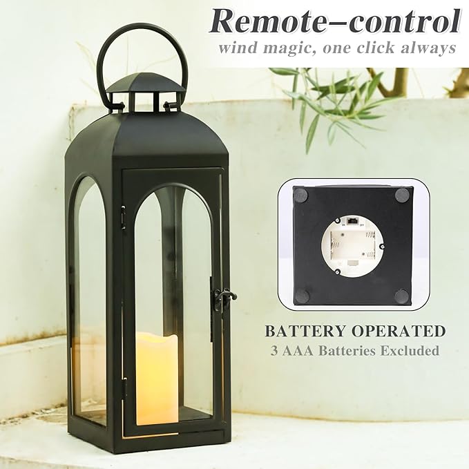 Bdor 2 Pack 20 Inches Metal and Tempered Glass Decorative Lantern with Electronic Wax Effect - Indoor/Outdoor Decorative Lighting, Handcrafted Aesthetic, Perfect for Home, Parties, and Holiday Decor