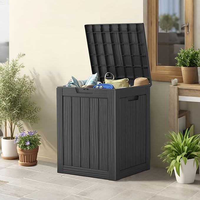 28 Gallon Outdoor Storage Box, Waterproof Durable Resin Deck Box for Indoor & Outdoor Use, Lockable Outdoor Bench, Deck Bin for Patio Furniture, Deliveries, Pool Supplies, Black