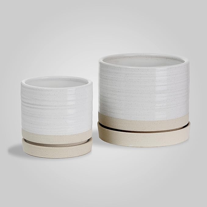 6 + 8 Inch Plant Pots, Ceramic Planter Pot with Drainage Hole & Saucer, Indoor/Outdoor Cylinder Round Planter Pot, Cream & Beige