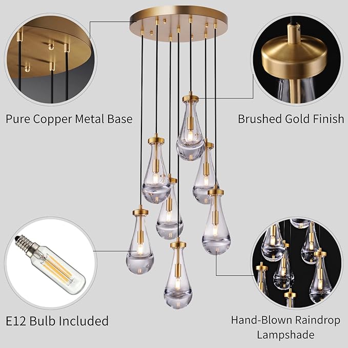 7 Light Raindrop Chandeliers, Brass Teardrop Cluster Pendant Lights Kitchen Island, Gold Dining Room Chandeliers Over Table Hanging Pendant Lighting for High Ceiling, Entryway Staircase