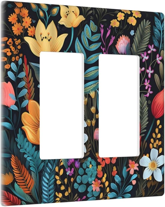 Boho Floral Vintage Flower Leaves Rustic Wildflower Plants 2 Gang Rocker Decora Light Switch Covers Dual Outlet Covers Wall Plate Decorative Switchplate Electrical Faceplate GFCI for Country Bedroom