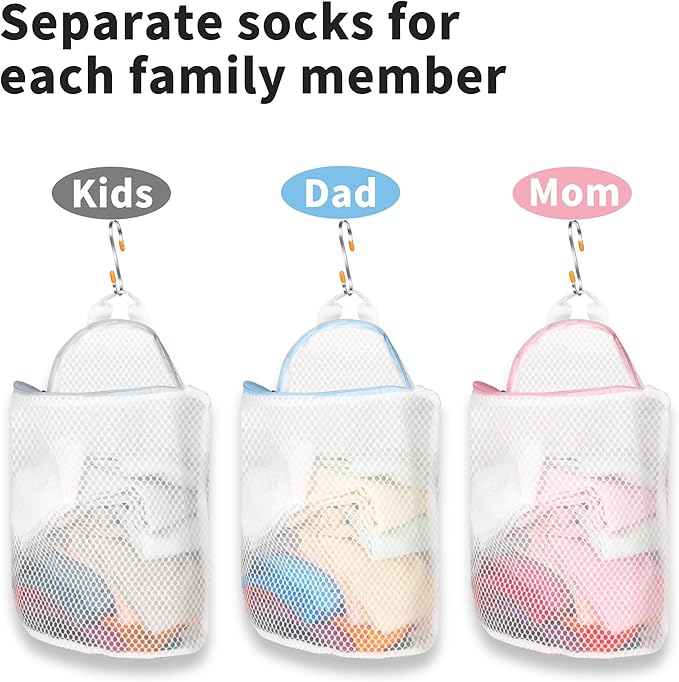 3Pcs Hanging Laundry Bags for Socks with S Hooks, 3 Color Mesh Laundry Bags for Washing Machine