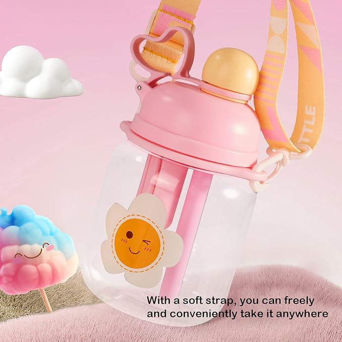 27oz Toddler Water Bottle, Tritan Sports Water Bottle with Straw, Plastic Water Bottle with Soft Strap, Kids Water Bottle for School, Includes Fruit Infuser Strainer, Leak-Proof, BPA Free, Pink