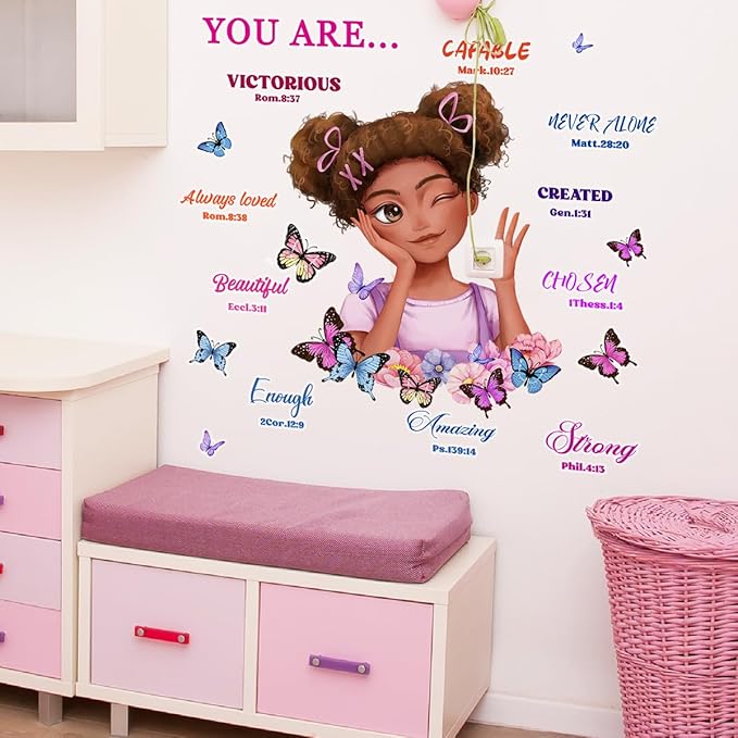 Black Girl Magic Wall Decor Bible Verses Wall Decals for Girls Bedroom Princess Wall Stickers & Murals Peel and Stick Removable Vinyl Butterfly Wall Decals for Children Kids Room Playroom Nursery