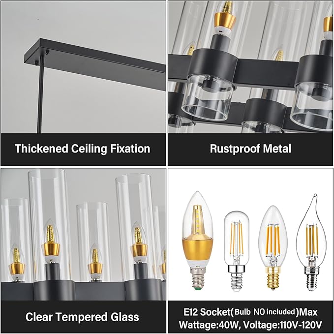 Black Kitchen Island Lighting-20-Light Linear Chandelier, Adjustable 67.7'' Modern Farmhouse Rectangle Pendant Light Fixtures, Dining Room, Bedroom