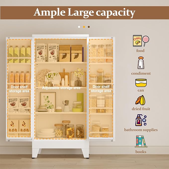 51" Metal Kitchen Pantry Cabinet, Storage Cabinets with 2 Door and 3 Adjustable Shelves, White Freestanding Food Storage Cabinet, Steel Cupboard for Kitchen Dinning Room