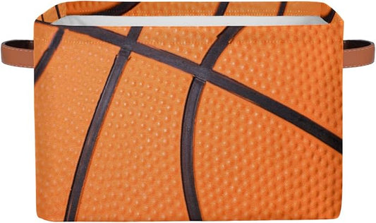 Basketball Print Storage Basket Collapsible Rectangular Storage Bin Large Fabric Storage Boxes Organizer 1Pc with Leather Handles for Clothes Toys Books Kitchen Laundry