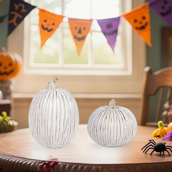 2Pcs Halloween Pumpkin Artificial Resin Pumpkins Decor for Mantel Harvest Autumn Tabletop Decoration Gold Fall Pumpkin Decorations Thanksgiving Table Centerpieces (Set B, ONE Size)