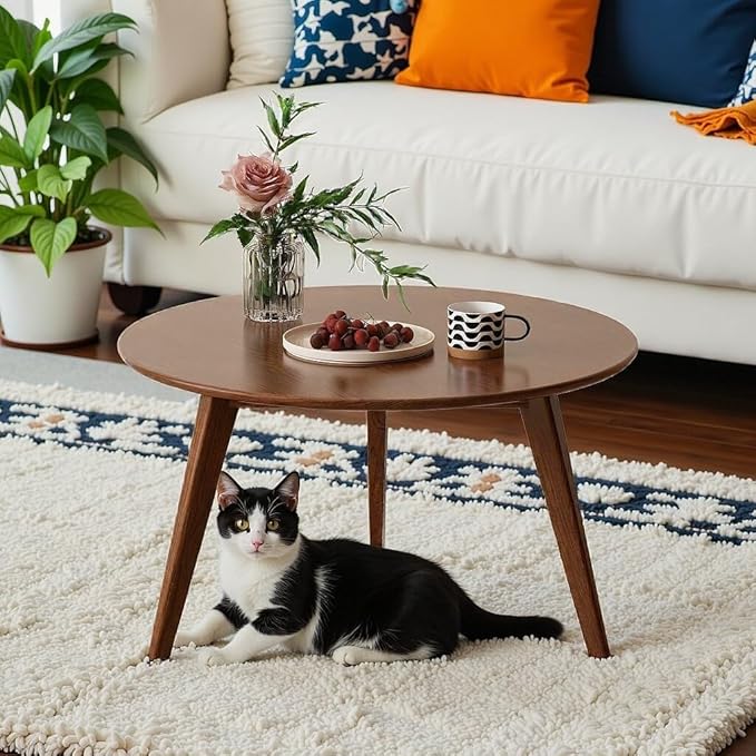 100% Solid Oak Wood Mini Coffee Table, Round Side Table w/Solid Wood Legs, Walnut Mid Century Coffee Table w/Sturdy Frame for Bedroom Balcony Living Room (29.53" D x 17.72" H)