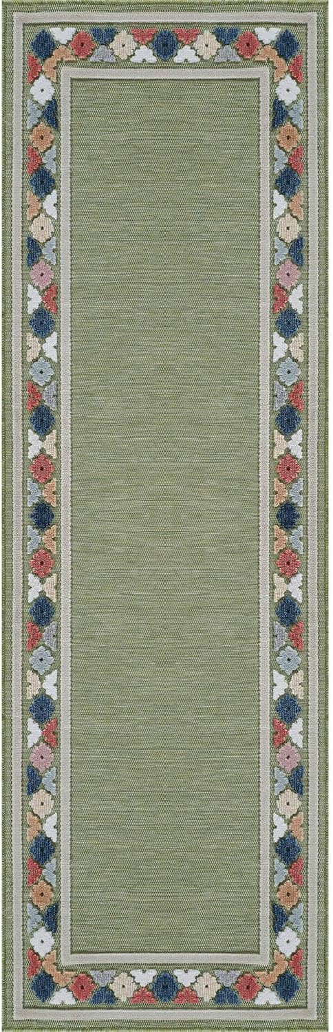 Beverly Rug Outdoor Runner Rug 2x7 Modern Floral Bordered Area Rugs for Indoor and Outdoor Patio Easy to Clean Non Shedding Living Room Porch Garden Washable Outside Carpet (2 x 7 Green)