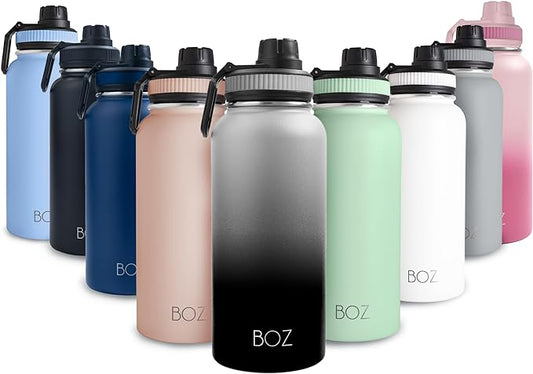 BOZ Stainless Steel Water Bottle - Vaccum Insulated Water Bottle 32 Oz - Wide Mouth BPA Free Sport Water Bottle for Gym with Spout Lid - Thermal Hot & Cold 1 Litre Gradient Black Waterbottle