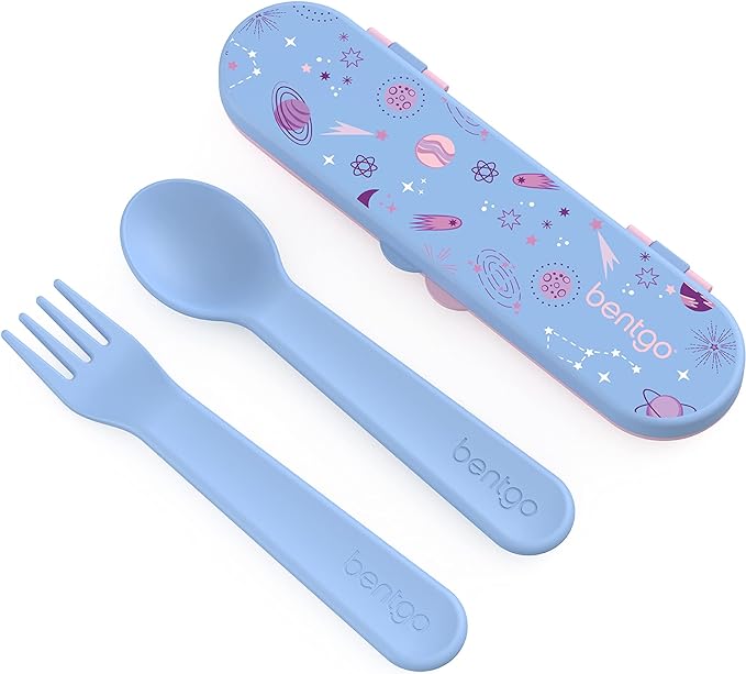 Bentgo® Kids Utensil Set - Reusable Plastic Fork, Spoon & Storage Case - BPA-Free Materials, Easy-Grip Handles, Dishwasher Safe - Ideal for School Lunch, Travel, & Outdoors (Lavender Galaxy)