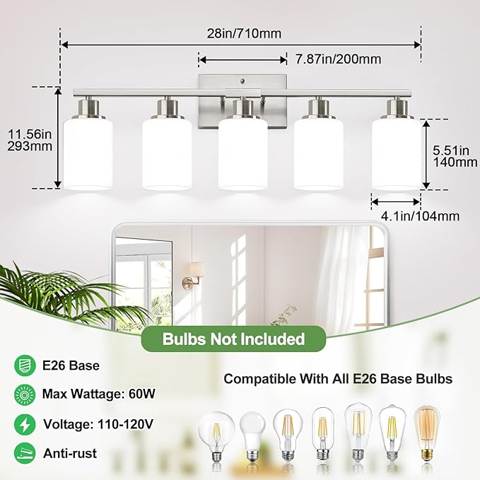 5-Light Brushed Nickel Bathroom Vanity Light with Milky White Frosted Glass Shades, Modern Bathroom Light Fixtures, Up/Down Reversible Lighting for Mirror, Bedroom, Kitchen, Living Room, Hallway