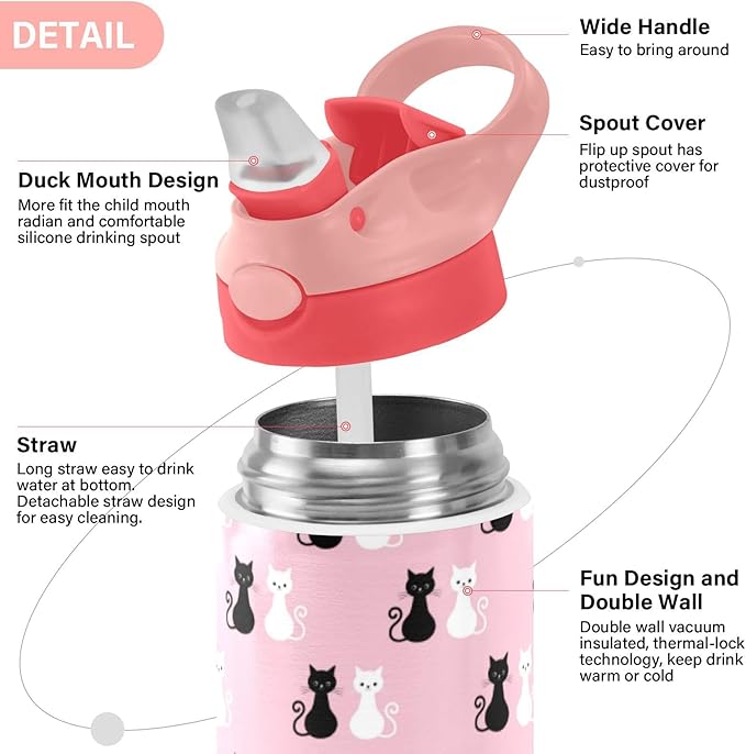Black White Cat Kids Water Bottle with Straw Pink Insulated Stainless Steel BPA-Free Sport Bottles for Boys Girls Toddlers 12 oz Lid