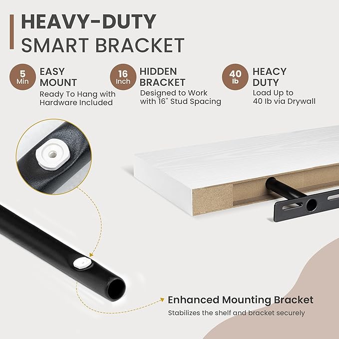 36 Inch Floating Shelves, 8 Inch Deep Floating Shelves for Wall, Hanging Shelf with Invisible Brackets, Deep Shelves for Bathroom, Bedroom, Living Room, White, Set of 2