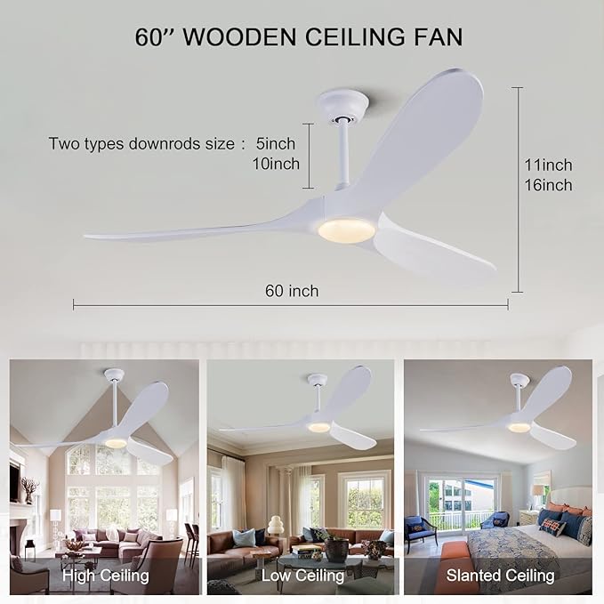 BOJUE Ceiling Fans with Lights 60 Inch Indoor Outdoor Ceiling Fan with Remote Control & 3 Wood Blade,Wood Ceiling Fan for Patio Living Room Bedroom (White Blades)