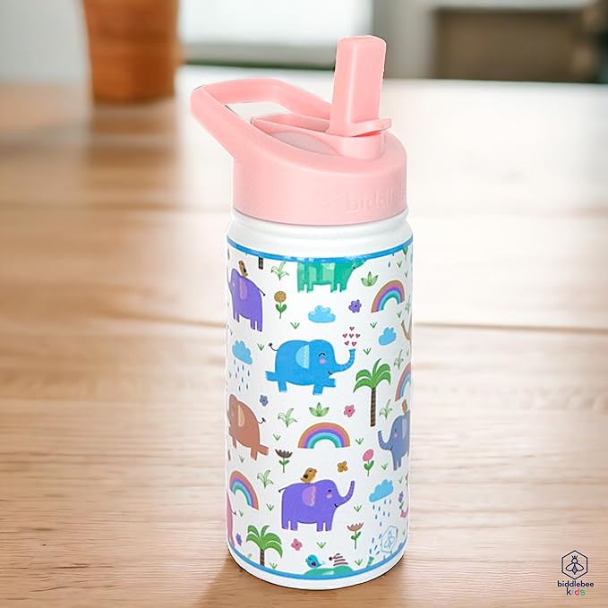 Biddlebee Kids Water Bottle with Straw Lid | 14oz Insulated Stainless Steel Reusable Bottles for School | Leak Proof Cap with Handle & Touch Free Spout | Great for Boys & Girls (Elephants)
