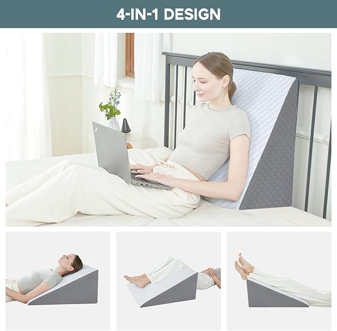 Bed Wedge Pillow, 12" 24" 24" Triangle Pillow Wedge, Cooling Memory Foam Top, Elevated Support Wedge Pillow for Relieving Acid Reflux, Heartburn, Snoring and GERD