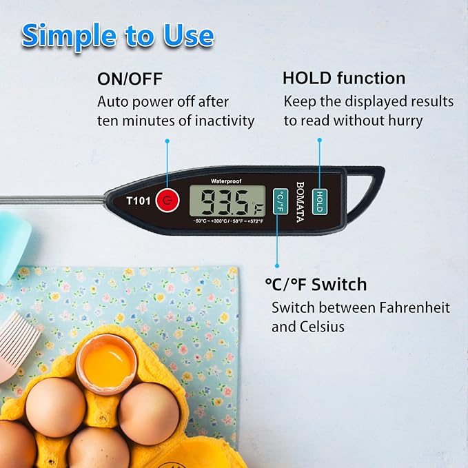 BOMATA Waterproof IPX7 Thermometer for Water, Liquid, Candle and Cooking. Instant Read Food Thermometer with Long Probe for Cooking, Meat, BBQ! T101 (Black Color)…