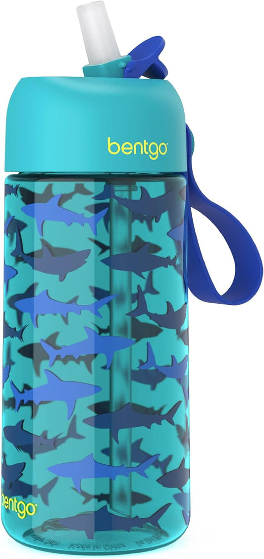 Bentgo Kids Water Bottle - Leak-Proof, Durable Tritan™, BPA-Free 15 oz. Cup for Kids/Toddlers Ages 3+ - Flip-Up Straw & Dishwasher Safe for School, Sports, Daycare & Camp (Sharks)