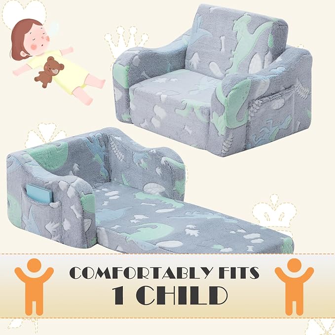 Baby Toddler Sofa Couch for Kids Foldable 2-in-1 Toddler Fold Out Couch Bed for Playroom Pull Out Children Convertible Sofa to Lounger Sleeper Chair for Boys & Girls with Side Pockets, Dinosaur