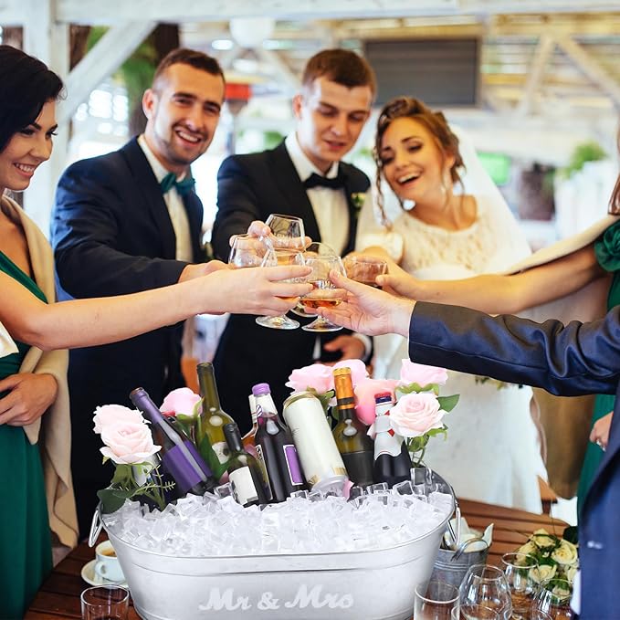 2 Pcs 5.5 Gallons Galvanized Tubs,Large Beverage Tubs,Drink Buckets for Parties with Handles,Metal Ice Buckets for Parties Galvanized Bucket for Wedding Halloween Christmas(Mr and Mrs)