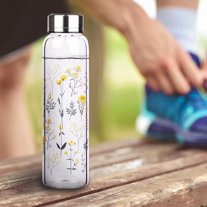 Borosilicate Glass Water Bottle, Sports Glass Drinking Bottle with Neoprene Sleeve and Stainless Steel Lid 16oz / 32oz (32oz, Blooming Branches)
