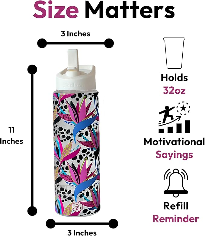 Biddlebee 32oz. Hydration Tracker Water Bottles with Times To Drink | Big Motivational Water Bottle with Time Marker, Straw Lid, & Measurements | BPA-Free