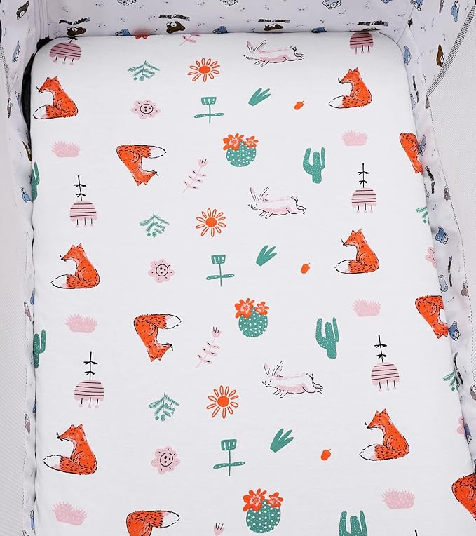 Bassinet Sheets (33" x 19") Compatible with Mika Micky, Baby Delight, Dream On Me, Amke and Other Rectangle Mattress, 2 Pack Fitted Sheets, 100% Jersey Knit Cotton 190GSM, Fox Rabbit and Rainbow