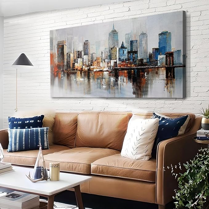Arjun Brooklyn Bridge Wall Art Modern New York City Abstract Canvas Cityscape Painting Large Size Framed, Colorful NYC Skyline Textured Picture for Living Room Bedroom Home Office Wall Decor, 40"x20"