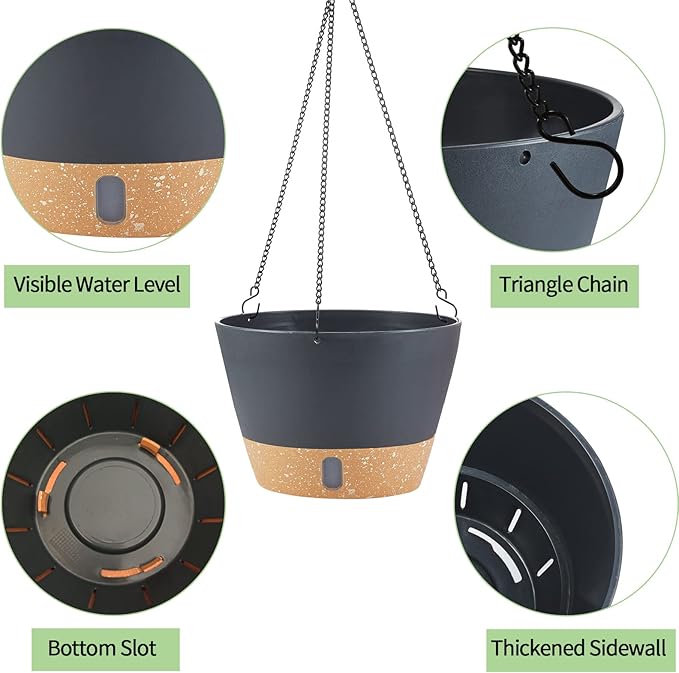 2 Pack Hanging Planters for Indoor Outdoor Plants, 10 Inch Hanging Flower Pot Basket with Drainage Hole with Removable Tray&Hooks Self Watering Plant Pot for Hanging Plants, Dark Grey