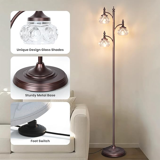 Brown Tree Floor Lamps for Living Room 66.5'' Standing Lamp with 3 Rotatable Lights Glass Shade Modern Lamp for Living Room Bedroom Office(3LED Bulbs Included)
