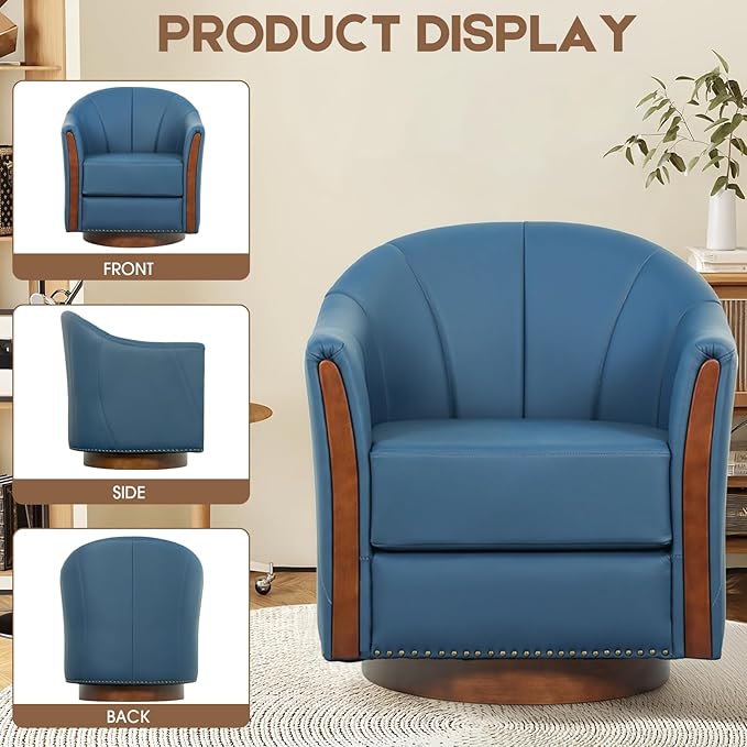 360° Swivel Accent Chair, Modern Leather Barrel Club Chair with Leather Upholstery and Sturdy Wood Base, Comfortable Armchair for Living Room, Bedroom, Reading Nook, Blue