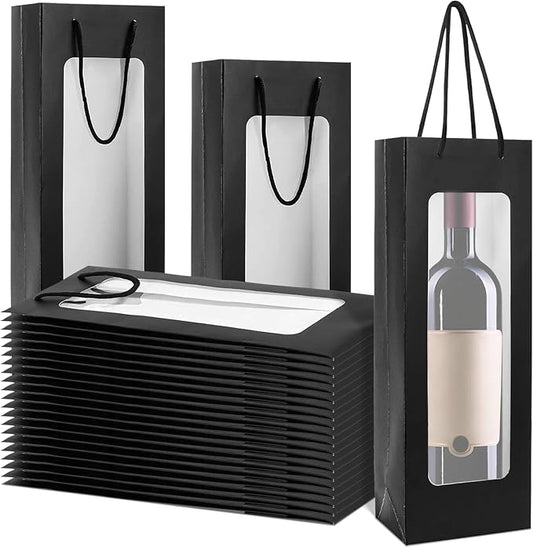 ALMOXVYE 34 Pack Wine Gift Bags with Handles, 14.2 x 4.9 x 3.4 Inch Paper Wine Bottle Bags with Clear Window, Black Wine Bags Bulk for Christmas Wedding Birthday Anniversary