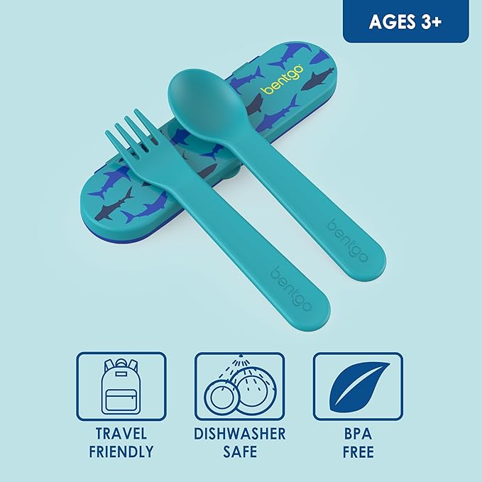 Bentgo® Kids Utensil Set - Reusable Plastic Fork, Spoon & Storage Case - BPA-Free Materials, Easy-Grip Handles, Dishwasher Safe - Ideal for School Lunch, Travel, & Outdoors (Shark)