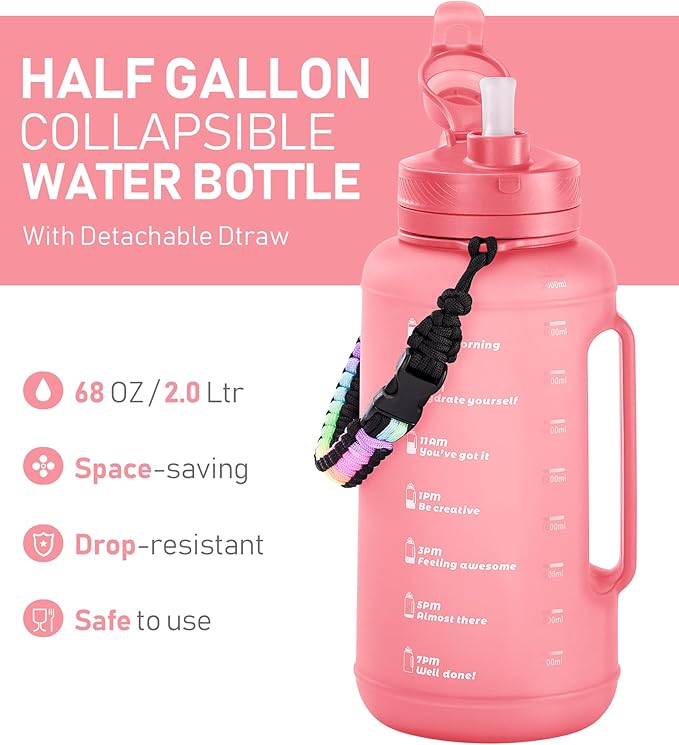 68 oz Collapsible Water Bottles With Straw, Half Gallon Water Bottle With Motivational Time Marker, Large Reusable Silicone Water Jug With Paracord Handle For Sports, Outdoors (Pink)